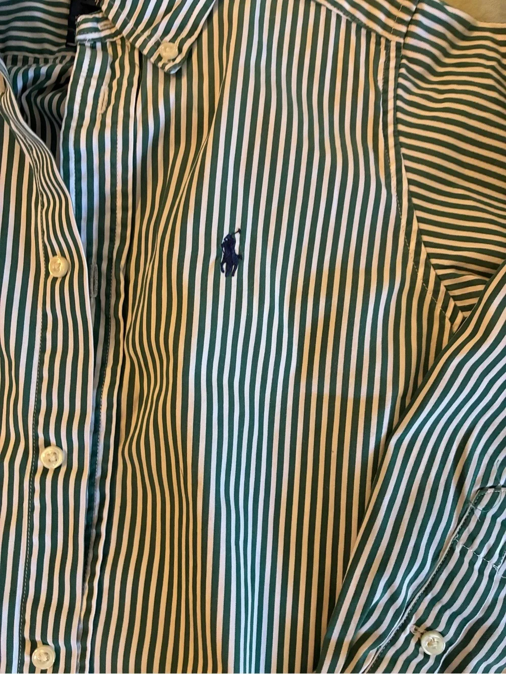 Boys Size 7 Ralph Lauren Green & White Striped Button-Down Shirt